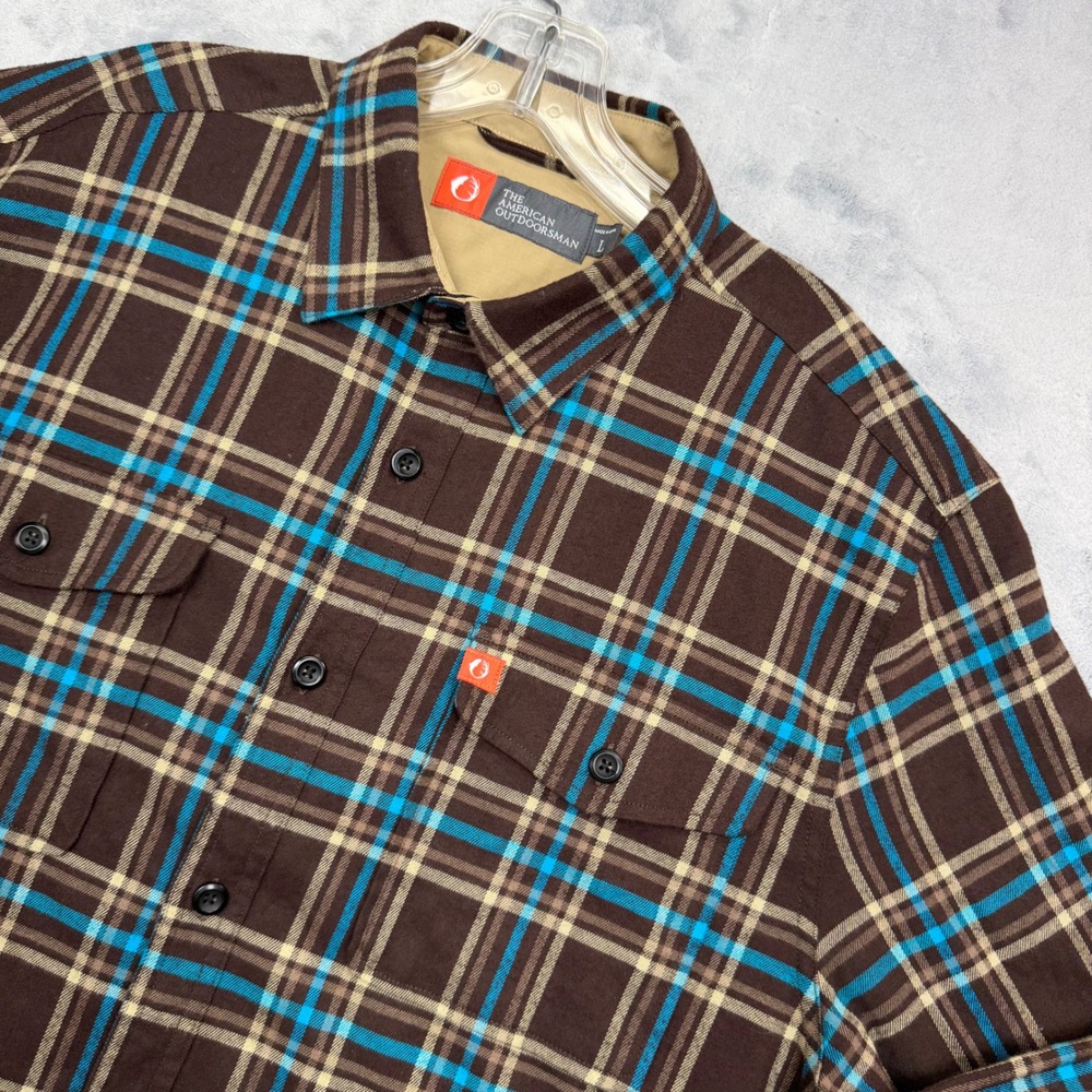 The American Outdoorsman Flannel Shirt Mens L Brown Plaid Long Sleeve Button Up - Picture 6 of 12